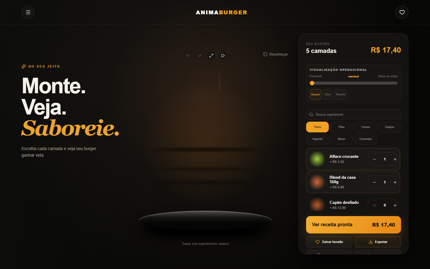 Interface real do AnimaBurguer com montador de camadas e preço